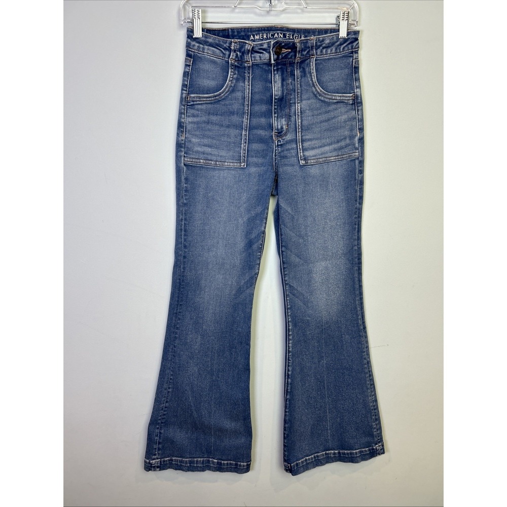 American Eagle Super Hi-Rise Flare Jeans Blue Stretch Denim Medium Wash Size 6 - Picture 2 of 14
